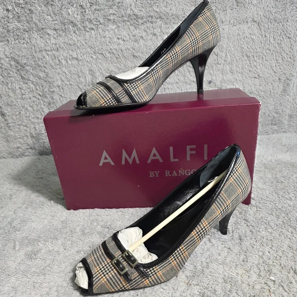 VTG Amalfi Rangoni Women's Plaid‎ Peep Toe Heels Italian Leather Lined 7.5 NIB